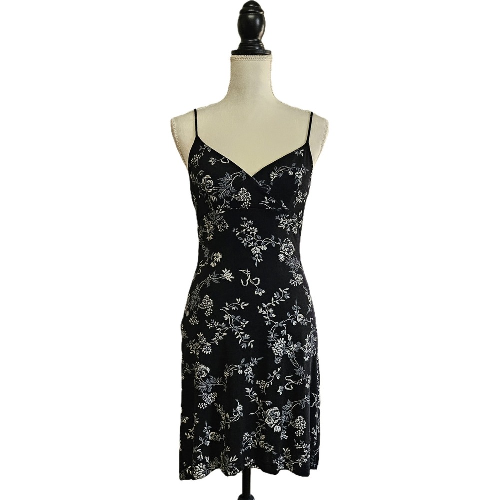 Vintage 90s All That Jazz Black Floral Embroidered Babydoll Slip Dress Size M